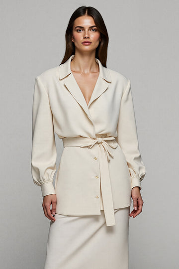 2-Piece Sheath V-Neck Ivory Work Dress with Long Sleeves
